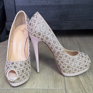 Giuseppe Zanotti Gold and Pink Lace Peep-Toe Heels